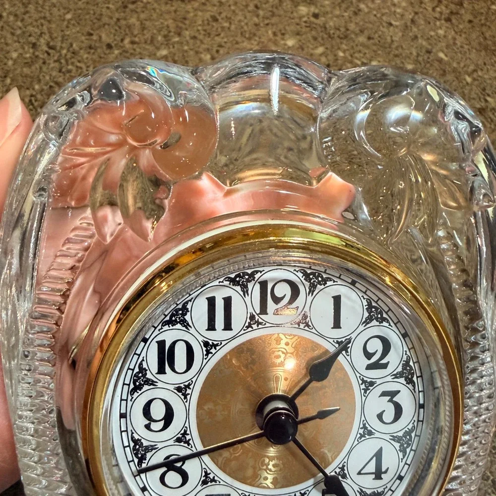 Vintage Palm Tree Crystal Desk Clock Gold Filigree Face Quartz Analog 5in